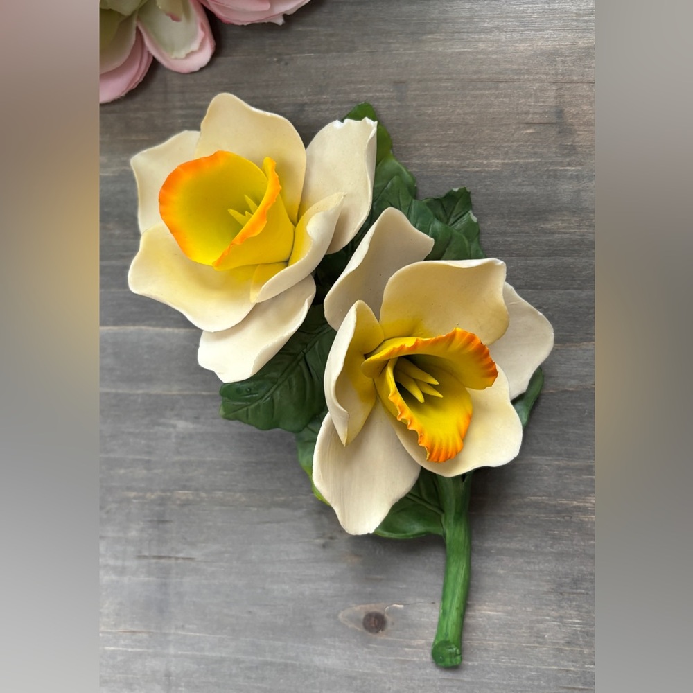 Vintage Capodimonte Orange Yellow Orchid Flower Fine Porcelain Made in Italy